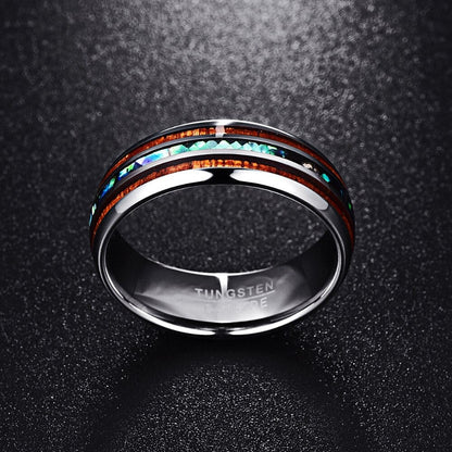 Elegant Tungsten Carbide Ring | Wood & Opal Inlay