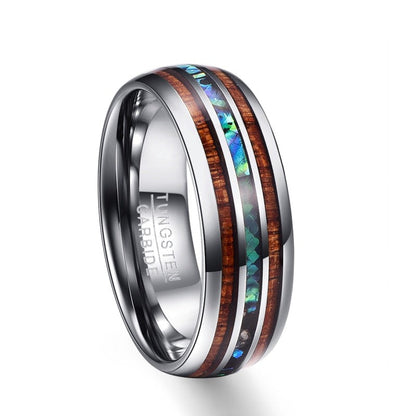 Elegant Tungsten Carbide Ring | Wood & Opal Inlay
