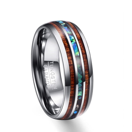 Elegant Tungsten Carbide Ring | Wood & Opal Inlay