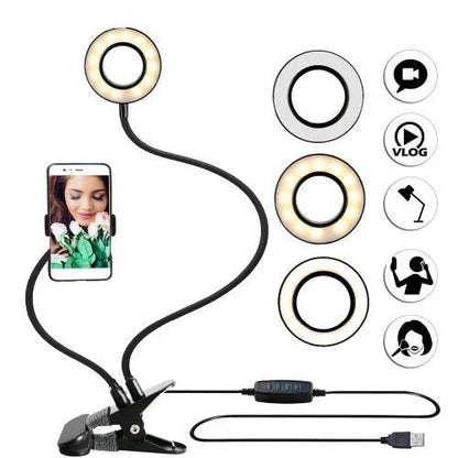 Flexible Phone Holder with LED Ring Light | USB Powered Phone Holder for Vlogging