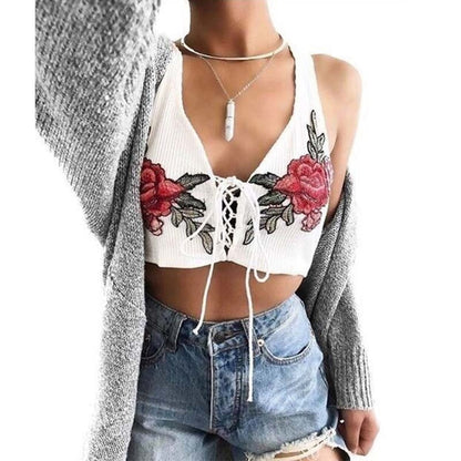 Floral Embroidered Lace-Up Crop Top | Boho Chic Women's Fashion Top