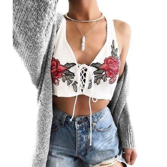 Floral Embroidered Lace-Up Crop Top | Boho Chic Women's Fashion Top
