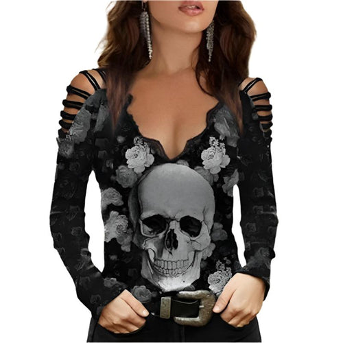 Gothic Floral Skull Top | Edgy Cut-Out Shoulder Design