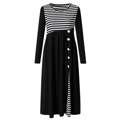 Striped Long Sleeve Maxi Dress | Elegant Asymmetric Button Design