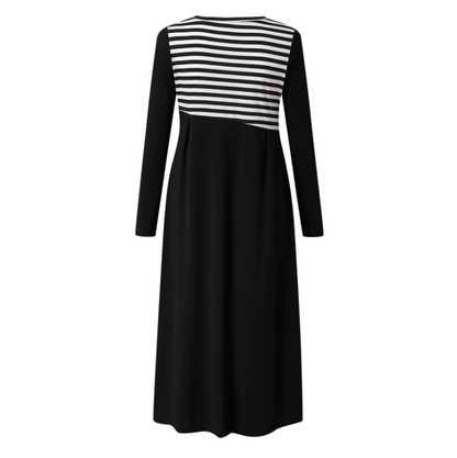 Striped Long Sleeve Maxi Dress | Elegant Asymmetric Button Design
