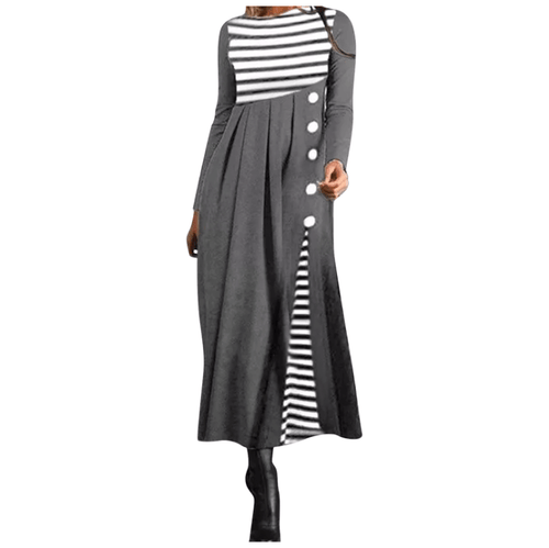 Striped Long Sleeve Maxi Dress | Elegant Asymmetric Button Design