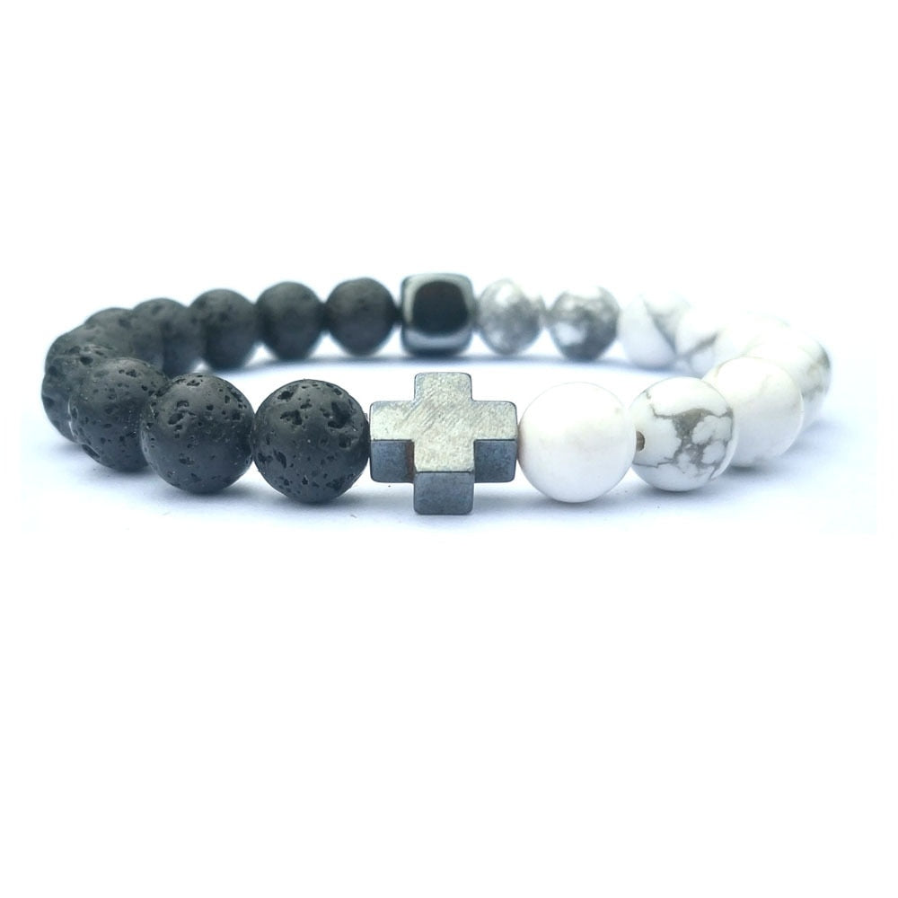 Tranquil Stone Bead Bracelet | Dual-Tone Elegance with Natural Lava Stones and Howlite