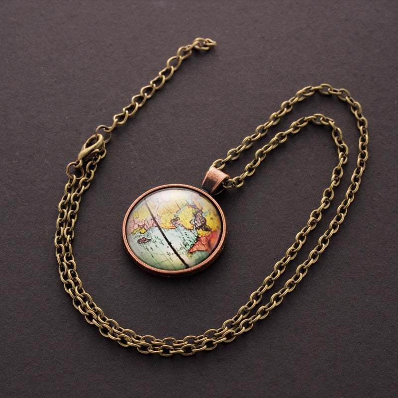 Vintage World Map Necklace | Antique Bronze Finish Map Pendant