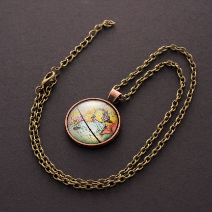 Vintage World Map Necklace | Antique Bronze Finish Map Pendant