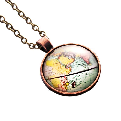 Vintage World Map Necklace | Antique Bronze Finish Map Pendant